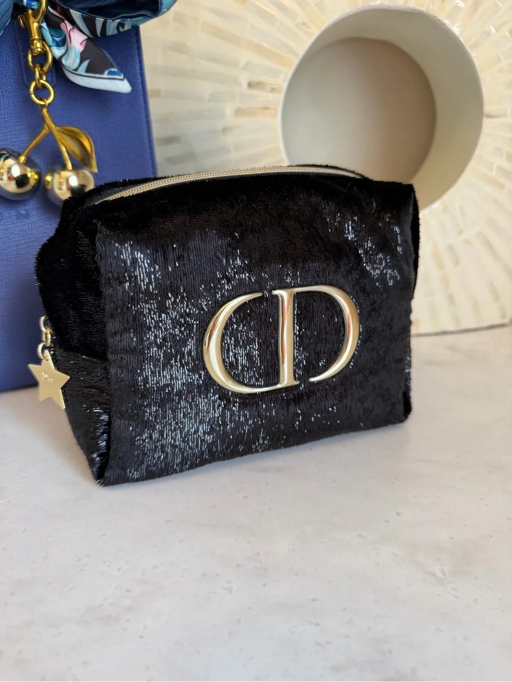 New Dior GWP Black Shimmer Cosmetic Pouch with CD Emblem and Star charm pull